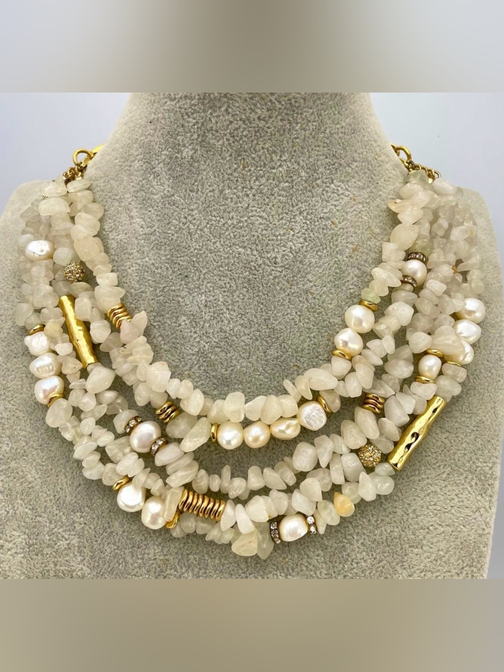 Stunning Vintage Sequin NYC Multi-Strand Pearl & White Stone Statement Necklace